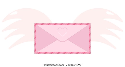 Sweet letter about love. Illustration for February 14th, Valentine's Day. Love letter, envelope with wings. Isolated on white background. Congratulations on the holiday.