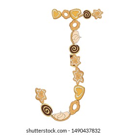 Sweet letter of the alphabet J of ginger cookies, roll and cake on a white background. Made from desserts. Hand-drawn. Ready illustrations for postcards, posters, notebooks and design. Vector