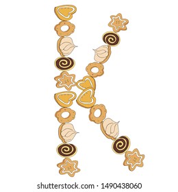 Sweet letter of the alphabet K of ginger cookies. Rolls and cakes on a white background. Made from desserts. Hand-drawn. Ready illustrations for postcards, posters, notebooks and design. Vector
