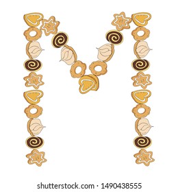 Sweet letter of the alphabet M of ginger cookies, roll and cake on a white background. Made from desserts. Hand-drawn. Ready illustrations for postcards, posters, notebooks and design. Vector
