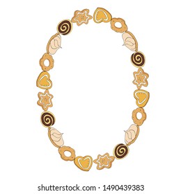 Sweet letter of the alphabet O of ginger cookies, roll and cake on a white background. Made from desserts. Hand-drawn. Ready illustrations for postcards, posters, notebooks and design. Vector