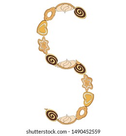 Sweet letter of the alphabet S of ginger cookies, roll and cake on a white background. Made from desserts. Hand-drawn. Ready-made illustrations for postcards, posters, notebooks and design. Vector