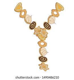 Sweet letter of the alphabet Y of ginger cookies, roll and cake on a white background. Made from desserts. Hand-drawn. Ready illustrations for postcards, posters, notebooks and design. Vector