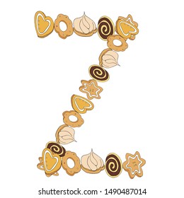 Sweet letter of the alphabet Z of ginger cookies, roll and cake on a white background. Made from desserts. Hand-drawn. Ready illustrations for postcards, posters, notebooks and design. Vector