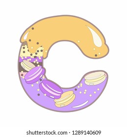 Sweet letter C with glazed biscuit,macarons and confetti. Colorful cartoon illustration on white background.