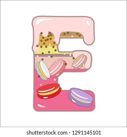 Sweet letter E with glazed biscuit,macarons and confetti. Colorful cartoon illustration on white background.
