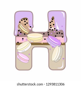 Sweet letter H with glazed biscuit,macarons and confetti. Colorful cartoon illustration on white background.