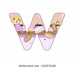 Sweet letter W with glazed biscuit,macarons and confetti. Colorful cartoon illustration on white background.