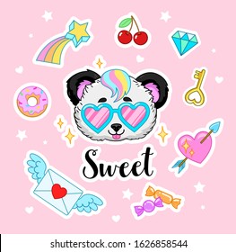 Sweet lettering. Panda in heart shaped glasses with donut, candies, winged love letter, cherries, key and diamond on pink background. Vector fashion patch badges