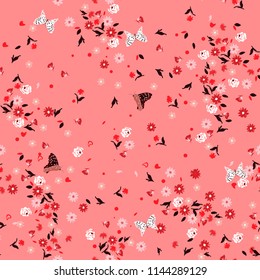 Sweet liberty Seamless floral pattern. Background in small colorful flowers for textiles, fabrics, cotton fabric, on coral pink background
