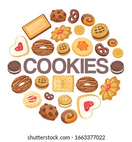Sweet life with cookies background of different chocolate and biscuit chip cookies, gingerbread and waffle, top view isolated on white background vector illustration. Cookies sweet dessert poster.