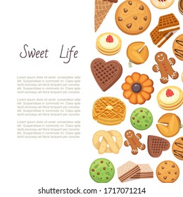 Sweet life with cookies backgrund of different chocolate and biscuit chip cookies, gingerbread and waffle, top view isolated on white background vector illustration. Cookies sweet dessert poster.