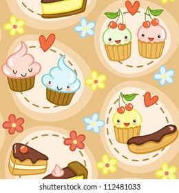 Sweet life. Seamless pattern with cute cupcakes, cakes, flowers and hearts. Vector illustration