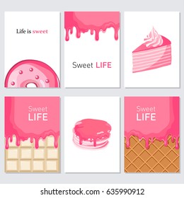 Sweet life. Set of sweets cards with pink donuts, white chocolate and pie