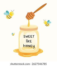 Sweet like honey illustration featuring bee and honey in cute watercolor style. Vector cartoon of bees in yellow for children book, quote, graphic element, asset