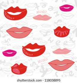  sweet lips pink red gray seamless pattern on white scratched background