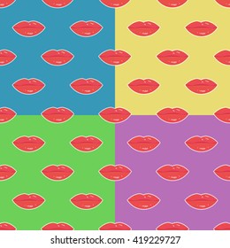 Sweet lips with red lipstick seamless pattern. Beautiful woman lips with red lipstick and gloss. Sweet and sexy lips make-up. Vector pop-art seamless pattern. Set of patterns with woman lips.