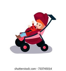 Sweet litlte kid sitting in a modern baby stroller, transporting of small children with comfort cartoon vector illustration