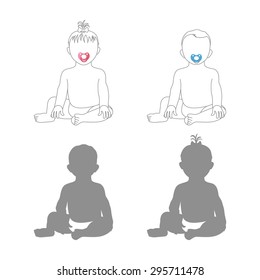 Sweet little baby girl and baby boy sitting and smiling, isolated on white background.
Flat style, contour line. Vector illustration. 
Realistic images.