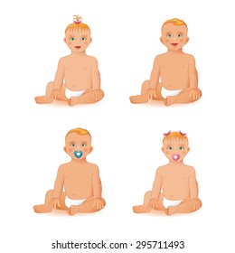 Sweet little baby girl and baby boy sitting and smiling, isolated on white background.
Flat style, contour line. Vector illustration. 
Realistic images.