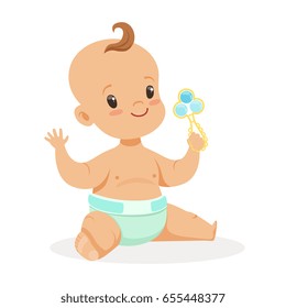 Sweet Little Baby Sitting And Playing With Rattle, Colorful Cartoon Character Vector Illustration