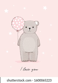 Sweet Little Bear Standing with a Pink Balloon. Cute Nursery Vector Illustration with Little Teddy Bear Isolated on a Pink Background. Funny Romantic Art Ideal for Card, Poster, Wall Art, Postcard.