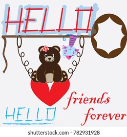 sweet little bear in the swing with kitty heart and hello and friends forever descriptions vector illustration