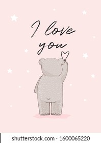 Sweet Little Bear Writing a Declaration of Love. Cute Nursery Vector Illustration with Little Teddy Bear Isolated on a Pink Background. Funny Romantic Art Ideal for Card, Poster, Wall Art, Postcard.