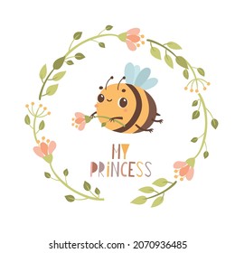 Sweet little bee, my princess. Children's print with a bee in a floral wreath