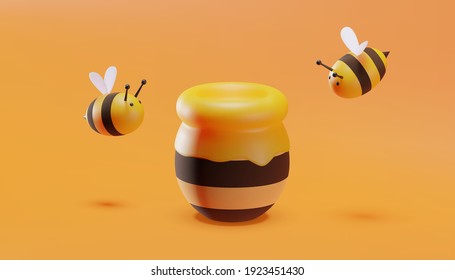 Sweet little bees flying around a pot of honey. 3D illustration. Vector.
