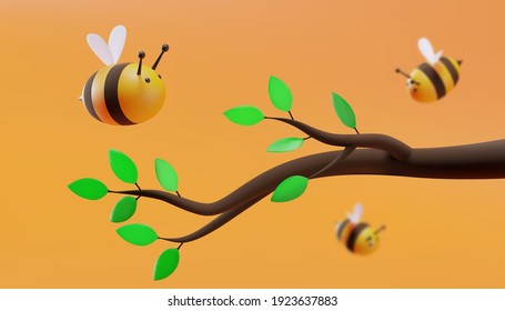 Sweet little bees are flying around tree branch with green leaves. Sweet little bees flying. 3D illustration. Vector.