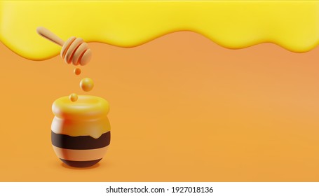 Sweet little bees flying around a pot of honey. Dripping honey background. 3D illustration. Vector