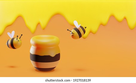 Sweet little bees flying around a pot of honey. Dripping honey background. 3D illustration. Vector.