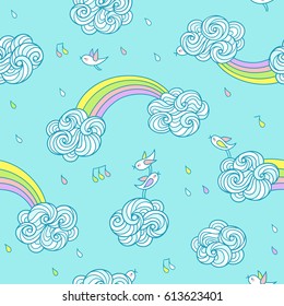 Sweet little birds are singing and flying in the sky above the curly clouds and rainbows under a colored rain. Seamless pattern with cute hand drawn elements for kids design on light blue background.