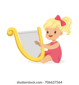 Sweet little blonde girl playing harp, young musician with toy musical instrument, musical education for kids cartoon vector Illustration