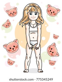 Sweet little blonde girl standing on childish background with kittens and wearing panties. Vector kid illustration.