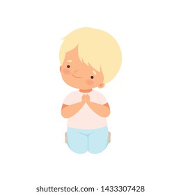 Sweet Little Boy Character Praying Standing on His Knees Cartoon Vector Illustration