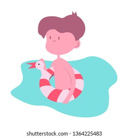 Sweet little boy with red lifebuoy, kid playing at the beach, happy infants outdoor activity on summer vacations vector Illustration