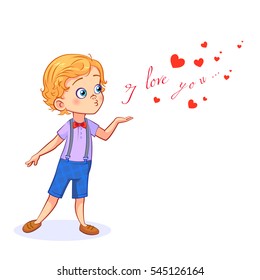 Sweet little boy sends an air kiss, red heart and declaration of love "I love you". Bright vector illustration for Valentine's day.