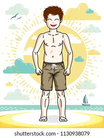 Sweet little boy young teen standing in colorful stylish beach shorts. Vector kid illustration. Fashion and lifestyle theme cartoon.