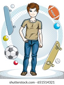 Sweet little boy young teen standing in stylish casual clothes. Vector kid illustration. Childhood lifestyle clip art.