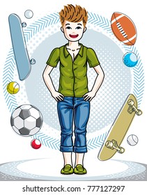 Sweet little boy young teen standing in stylish casual clothes Vector human illustration. Fashion and lifestyle theme cartoon.