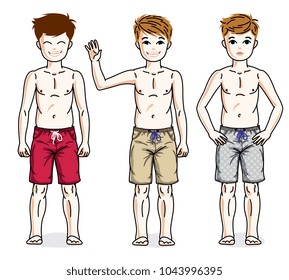 Sweet little boys young teen standing wearing fashionable beach shorts. Vector kids illustrations set.