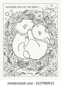 Sweet little bunnies hugging colouring book page. Animal line art to color. Art therapy