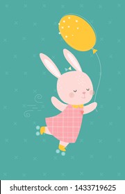Sweet little bunny with a balloon on a roller skates. Vector illustration in a scandinavian style. Cute and funny poster.