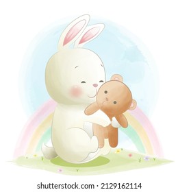 Sweet little bunny is hugging a teddy bear