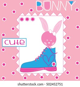 sweet little bunny in a shoe with flowers vector illustration