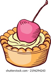 Pequeña torta dulce con colcha de cerezo. Doodle de arte