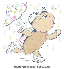 A sweet little cartoon tortoise with an umbrella, rolls on rollers. Can be used for baby t-shirt print, fashion print design, kids wear, baby shower celebration greeting and invitation card.