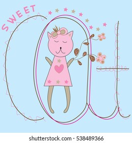 sweet little cat with flowers and cat description vector illustration